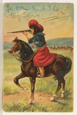 Old Postcard 1908 Cowgirl Woman Shooting Gun Riding Horse Red Skirt Embossed B6