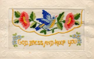 God Bless And Keep You: Bird And Roses: Ww1 Embroidered Silk Postcard