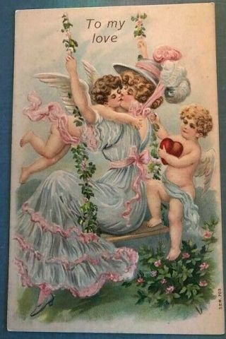 Pretty Lady On Floral Swing With Cupids Hearts To My Love Postcard - - C644