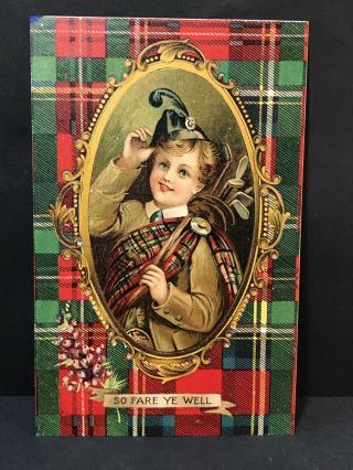 Antique Scottish Postcard So Fare Ye Well Boy & Golf Clubs,  Embossed,  C1910