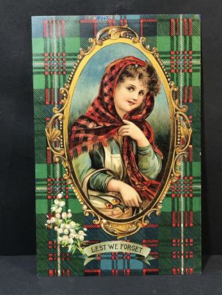 Antique Scottish Postcard Lest We Forget Girl In Tartan Scarf,  Embossed,  C1910