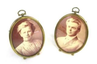 Set Of 2 Antique Oval Photos Husband Wife Edwardian Brass Picture Frames