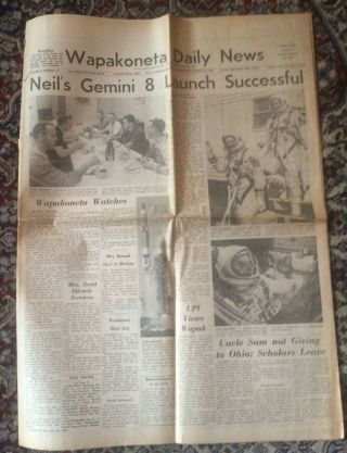 Neil Armstrong Hometown Wapakoneta Daily News Gemini 8 Headline Paper March 1966
