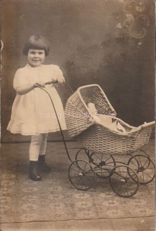 Child,  Doll,  And Carriage Found Photo Portrait Vintage Girl 89 7 P