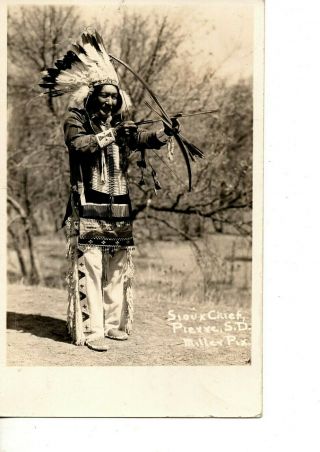 Rppc Sioux Indian Chief Native American Feathered Headdress Pierre Sd 987