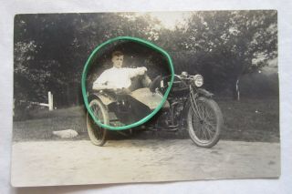 Vintage Indian Motorcycle Sidecar Real Photo Postcard Rp Rppc Rider Motor Bike