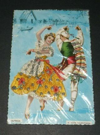 Lady Man Spain Silk Embroidered Dress Glitter Vintage Postcard Valencia