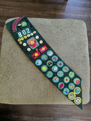 Vintage Girl Scout Sash With Patches,  Pins,  Troop 802,  Torrance,  Ca