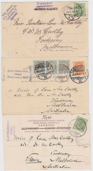 3 Early Postcards Sent From Denmark To Australia 1903