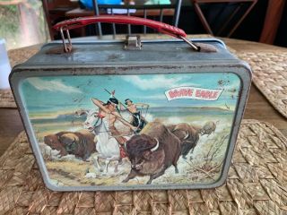 Vintage Tin Metal Childs Lunch Box Indian On Horse Handle 1940s - 1950 