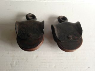 2 Matching Antique Cast Iron & Wood Pulleys Primitive Barn Rustic Decor