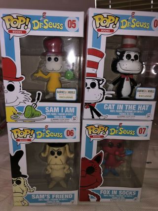Funko Pop Dr Seuss Sam I Am,  Sams Friend,  Fox In Socks,  & Cat In The Hat 4pc Set