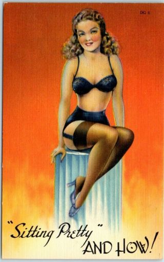 1940s Pin - Up Girl Linen Postcard " Sitting Pretty And How " Tichnor Dg - 6