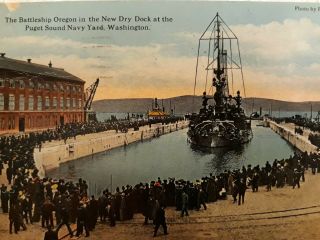 1921 Battleship Oregon Postcard - Dry Dock At Puget Sound,  Wa Naval Yard