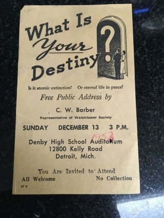 Watchtower Assembly Public Talk Handbill 1953 Barber