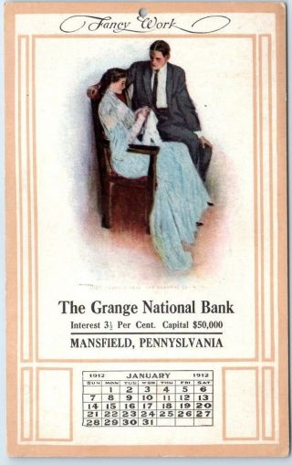 Vintage Mansfield Pennsylvania Postcard " Grange National Bank " Jan 1912 Calendar