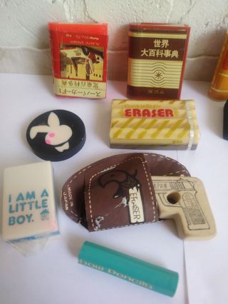 Vintage 1970 ' s - 12 Small Erasers/ includes 6 Japanese/ Collectible.  Ships USA 2