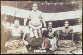 Antique Japanese Pc Portrait Of Three Japanese Sumo Wrestlers And Coach/trainer
