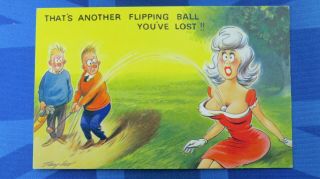 Risque Bamforth Comic Postcard 1960s Big Boobs Bust Golf Club Course Lost Ball