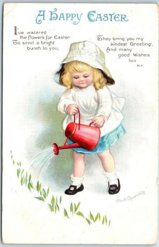 Vintage Artist - Signed Clapsaddle Postcard " A Happy Easter " Girl Garden 1915