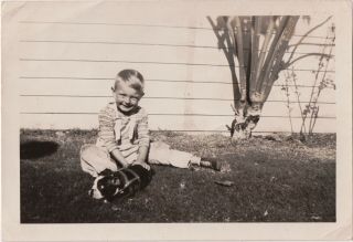 Cute Vtg 1930s Snapshot Photo Boy In Overalls With Wide - Eyed Boston Terrier Dog