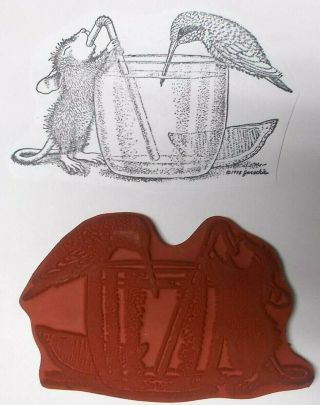 House Mouse Rubber Stamp Drink Straw Bird 1998 Stampa Rosa Unmounted Lemon