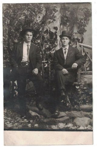 Antique 1910 Rppc Real Photo 2 Young Dapper Men In Hats Pose