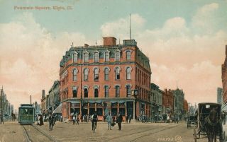 Elgin Il – Fountain Square Showing Streetcar And Horses And Carriages