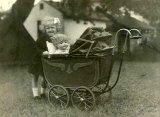 Kj511 Vtg Photo Curly Haired Girl Bow,  Doll In Baby Carriage Pram C 1928