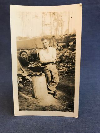 Wwii Vintage Photo Blacksmith Mechanic Anvil Cargo Truck Ww2 Soldier Rare