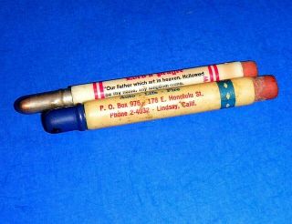 Pair Vintage Bullet Advertising Pencils: Lord ' s Prayer & Stevenson,  Lindsay,  Ca. 3