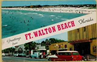 1960 Multi - View Old Cars Wagons Greetings Fort Walton Beach Fl Postcard B7