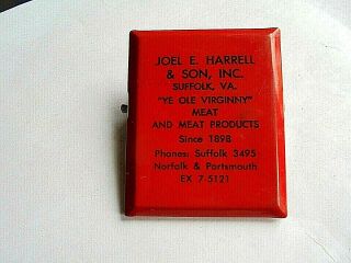 Vintage Joel E Harrell Suffolk Virgina Meat Advertising Paper / Bill Clip