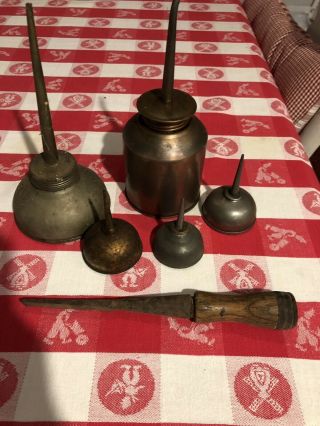 Vintage Antique Tins Oil Cans Oilers Shapes & Sizes Wooden Handked Tool