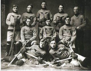 Old Time Hockey Players Hockey Sticks Puck Pads Skates Gloves Calumet Mi 1910