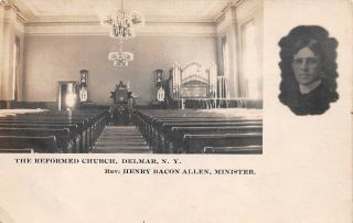 Delmar,  Albany Ny Real Photo Pc C.  1910 Reformed Church Interior & Minister