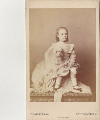 Old Photo Cdv Children Girl Dress Pet Dog Animal London Named F2
