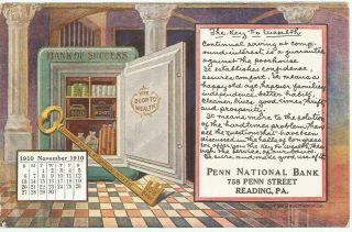 Advertising Postcard 1910 Calendar Key To Wealth,  Penn National Bank Reading,  Pa