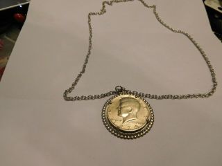 Vintage Kennedy Half Dollar Inholder For Necklace 1974 Silvertone W Chain