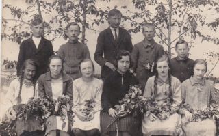 1927 School Class Boys & Girls With Flowers Fashion Old Latvian Antique Photo