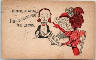 1914 Comic Postcard Waiter Restaurant " Bring A Whale Fish Is Good For The Brain "