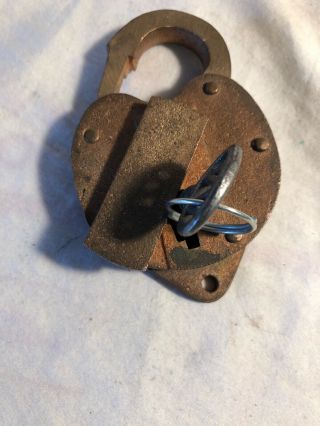 Old Vtg Antique Collectible Brass & Iron Padlock With Skeleton Key