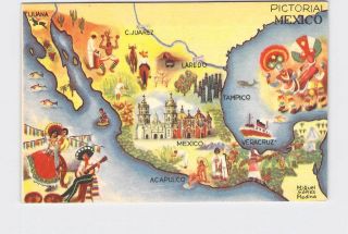 Vintage Postcard Mexico Pictorial Map Of Mexico Miguel Gomez Medina
