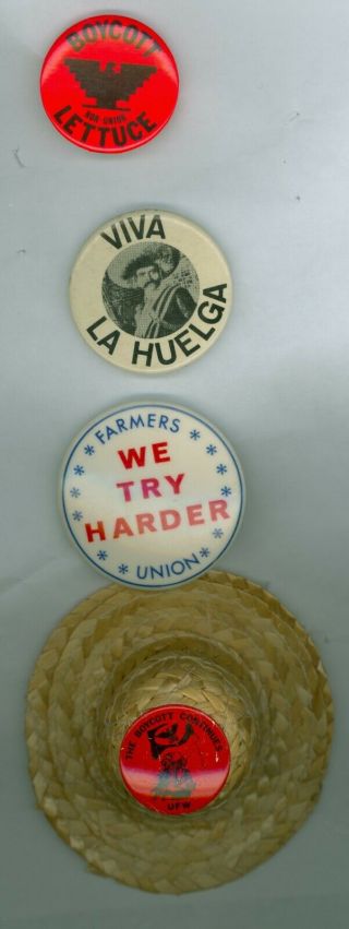 4 Vintage 1960s - 80s United Farm Workers Labor Union Pinback Buttons 1 Straw Hat