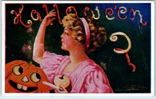 Vintage Halloween Postcard Girl Apple Peel Jack O 