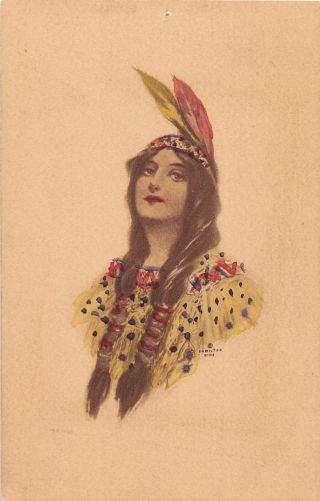F66/ Native American Indian Postcard C1910 Woman Headdress Hand - Painted 22