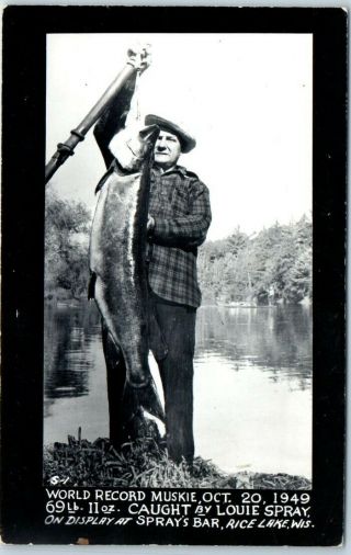 Rice Lake,  Wisconsin Rppc Real Photo Postcard " World Record Muskie Oct.  20 1949 "