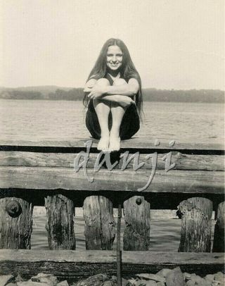 Pretty Swimsuit Girl W Long Hair On Log Fence In The Water W Legs Up Old Photo