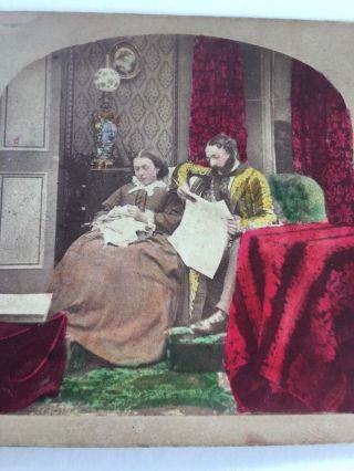 1860’s Antique Tinted Stereoview Card Photo Domestic Felicity Couple In Parlor