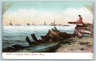 Postcard Ma Ship Wreck On Shore Vineyard Haven Harbor C1907 View U02